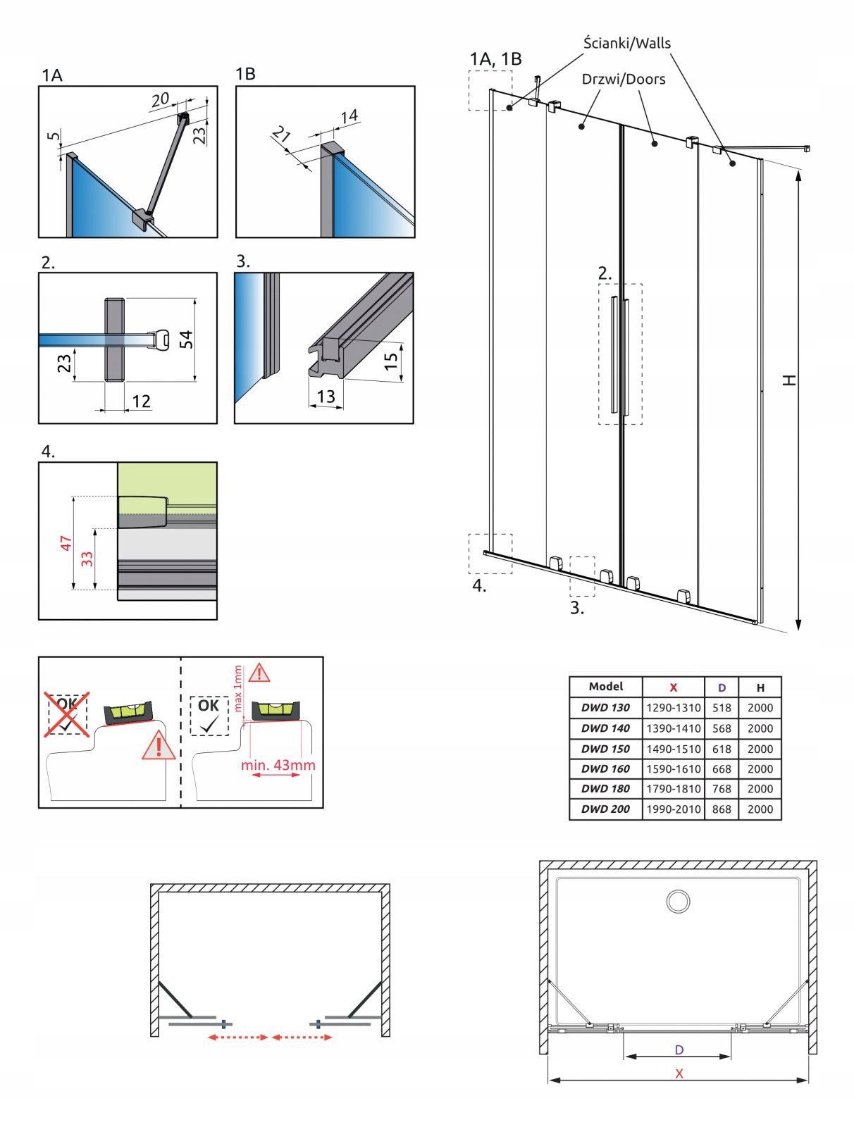 Drzwi prysznicowe do wnęki przesuwne 130 cm satyna Typ drzwi podwójne