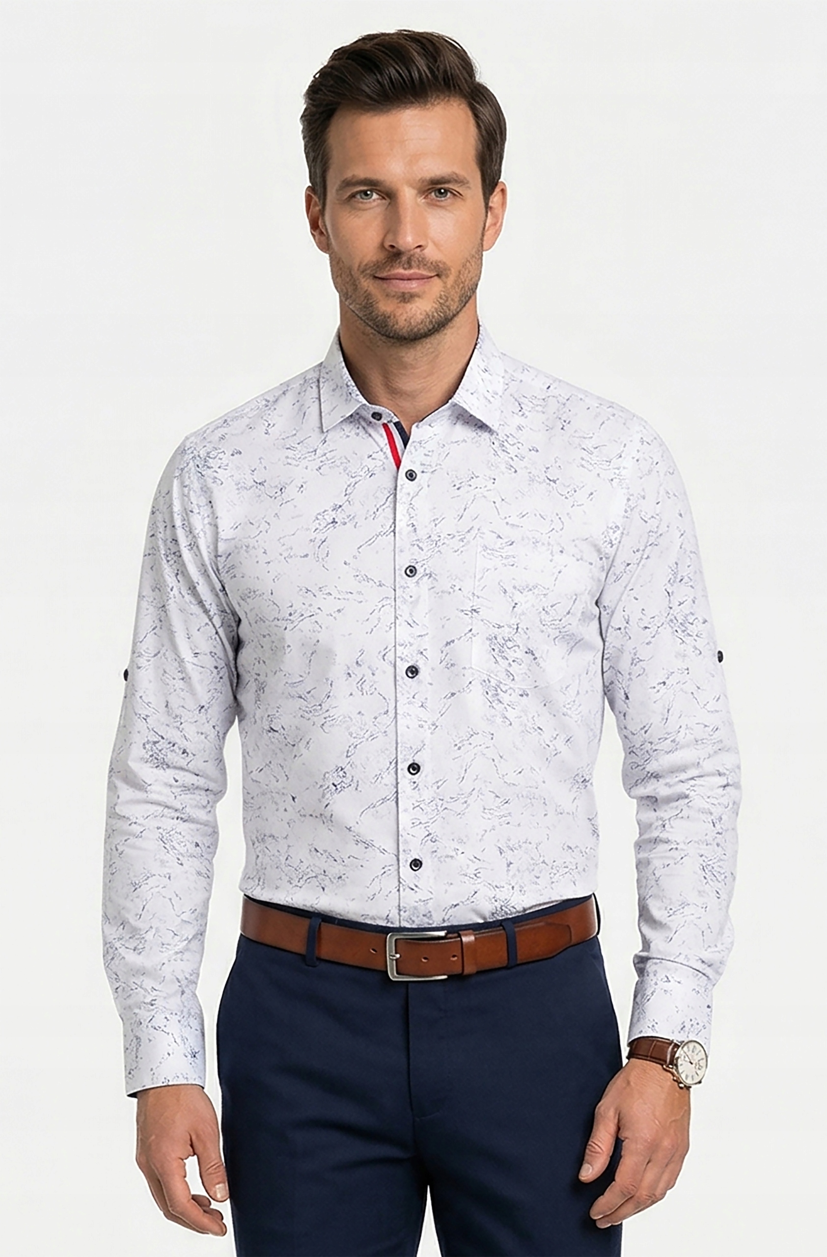 Koszula Męska Wizytowa Garniturowa Casual Biała Wzór Slim M 39/40