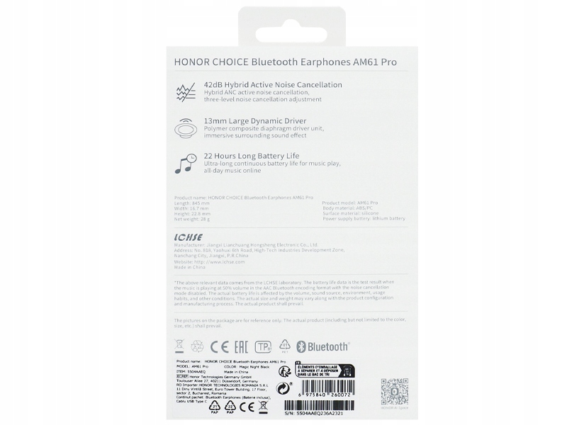 SŁUCHAWKI BEZPRZEWODOWE BLUETOOTH HONOR CHOICE AM61 PRO HYBRID ACTIVE NOISE Marka Honor