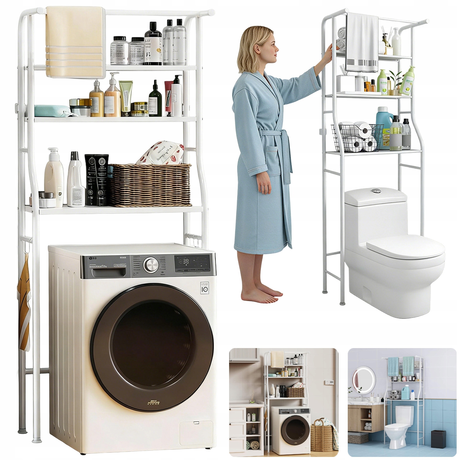 3-POLICOVÝ Regál, Polička Nad Pračku, Stojan Do Koupelny, Koupelnová Skříňka, Bílá