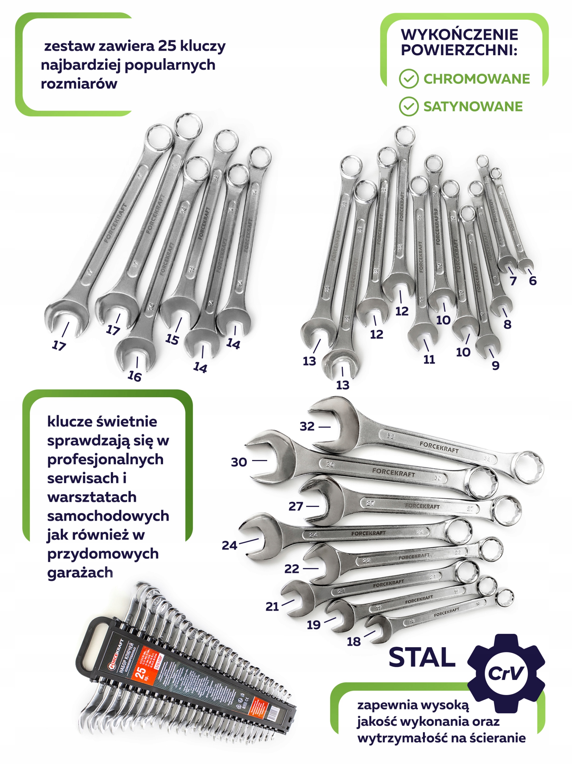 Zestaw kluczy płasko-oczkowych 25 el. Forcekraft Marka Forcekraft