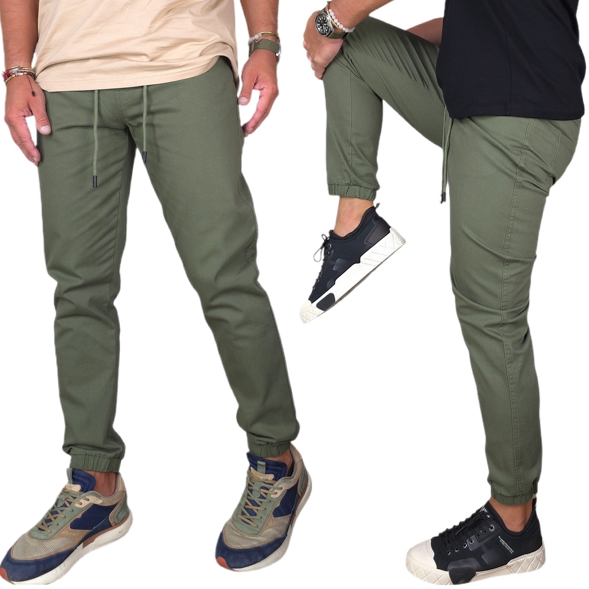 Spodnie Męskie długie rozciągliwe Zielone Joggery Pas Z Gumką XXL