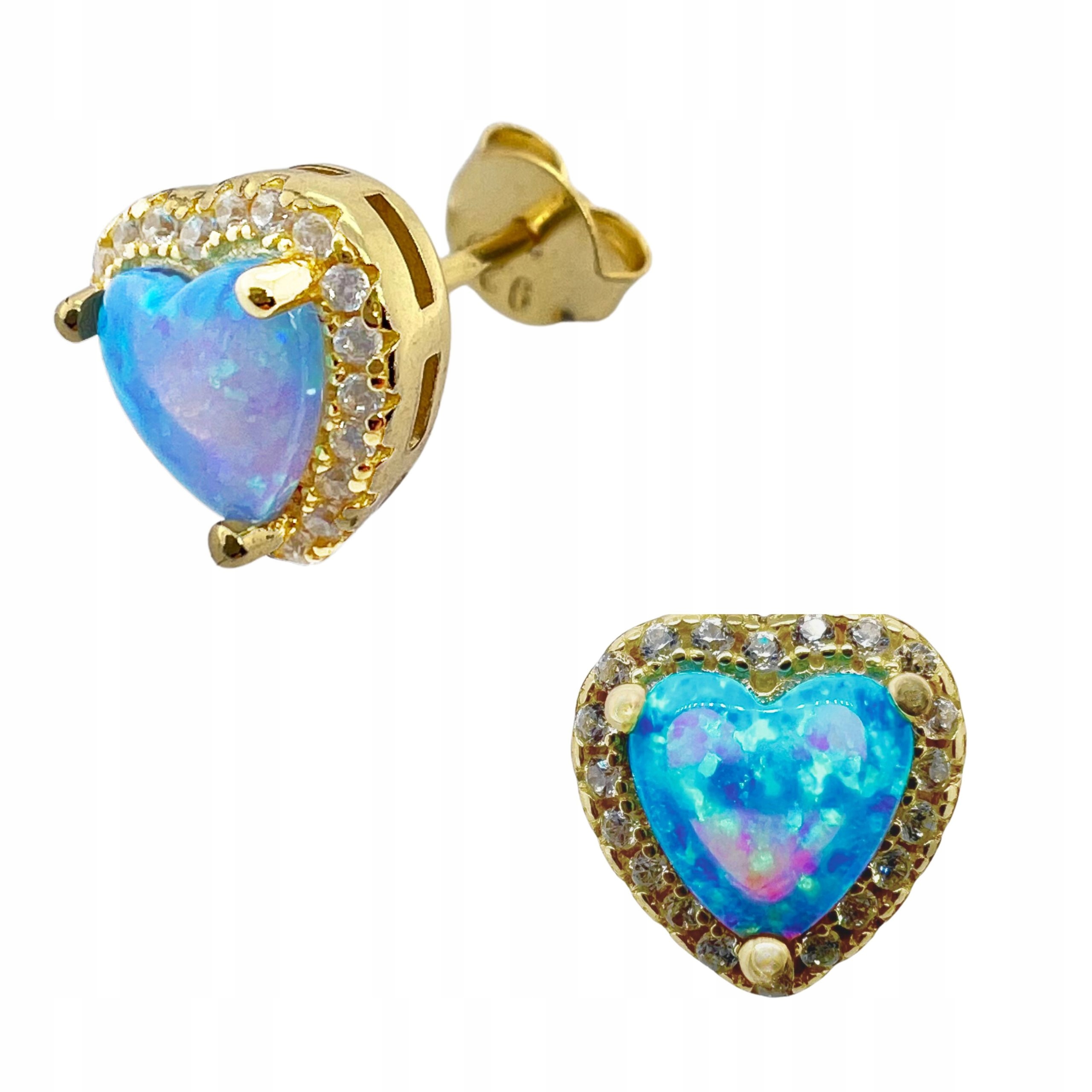 Dámské Stříbrné Pozlacené Náušnice Srdce Opál Zirkony Tyčinky Ryzosti 925