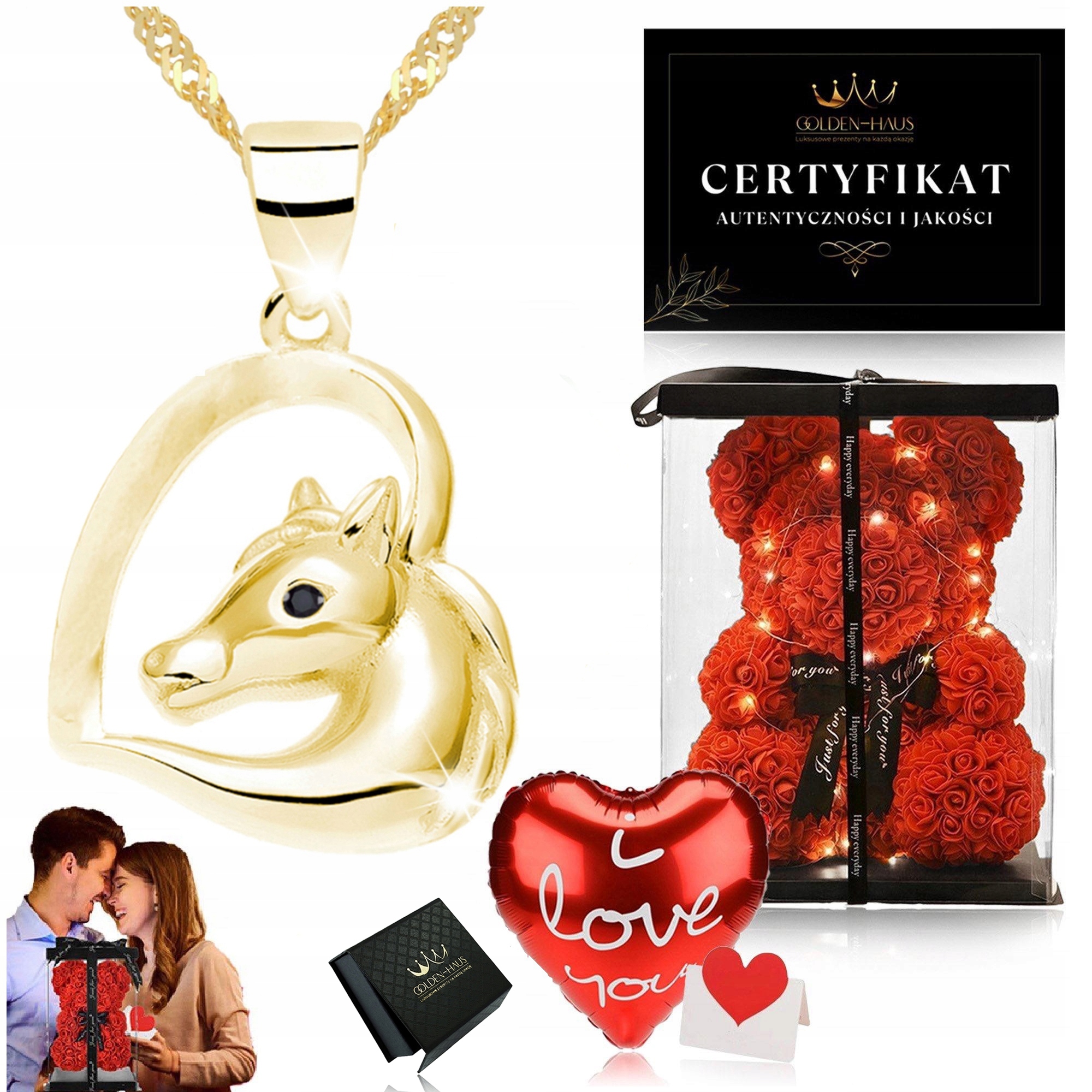 Zlatý Dámský Řetízek Singapur Přívěsek Srdce S Koněm 925 Medvídek Z Růží