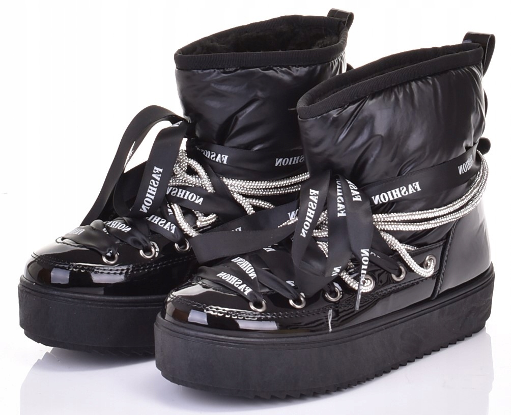 MODNE ŚNIEGOWCE Z FUTERKIEM WSUWANE BUTY ZIMOWE NA PLATFORMIE Kolor czarny