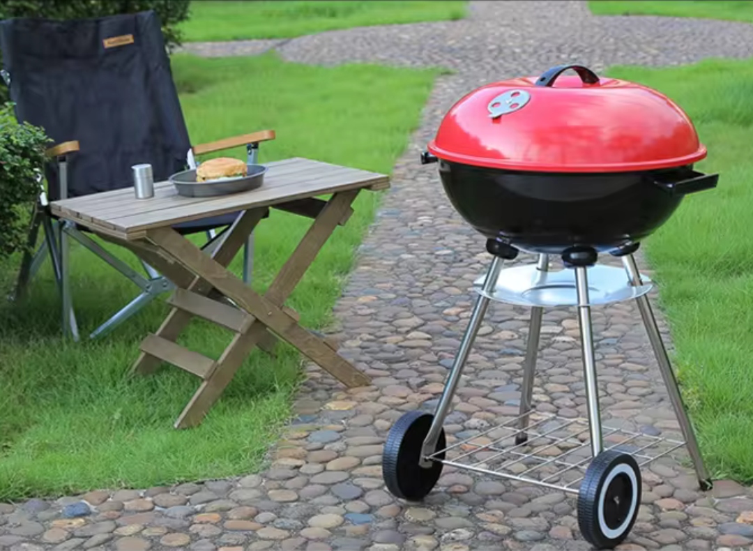 GRILL WĘGLOWY TURYSTYCZNY OGRODOWY DUŻY RUSZT Z KÓŁKAMI MOBILNY CZERWONY Szerokość rusztu 42 cm