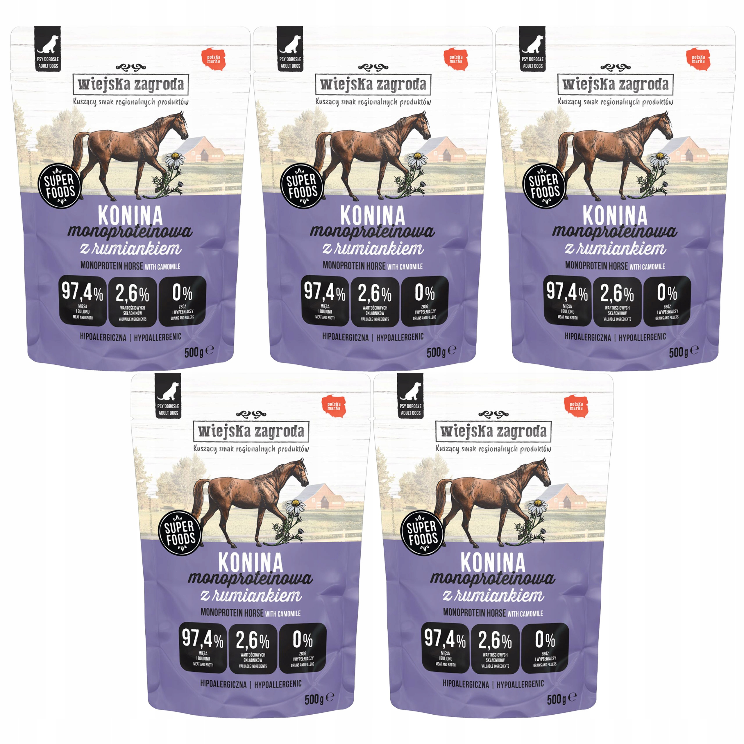 Levně Wiejska Zagroda Mono vlhké krmivo pro psy Konina s heřmánkem 5 x 500 g