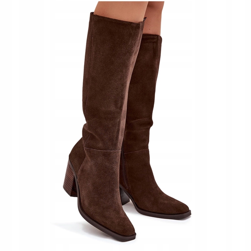 Dámské Kozačky Na Semišovém Podpatku Před Kolenem S Čokoládovým Zipem, Velikost 40