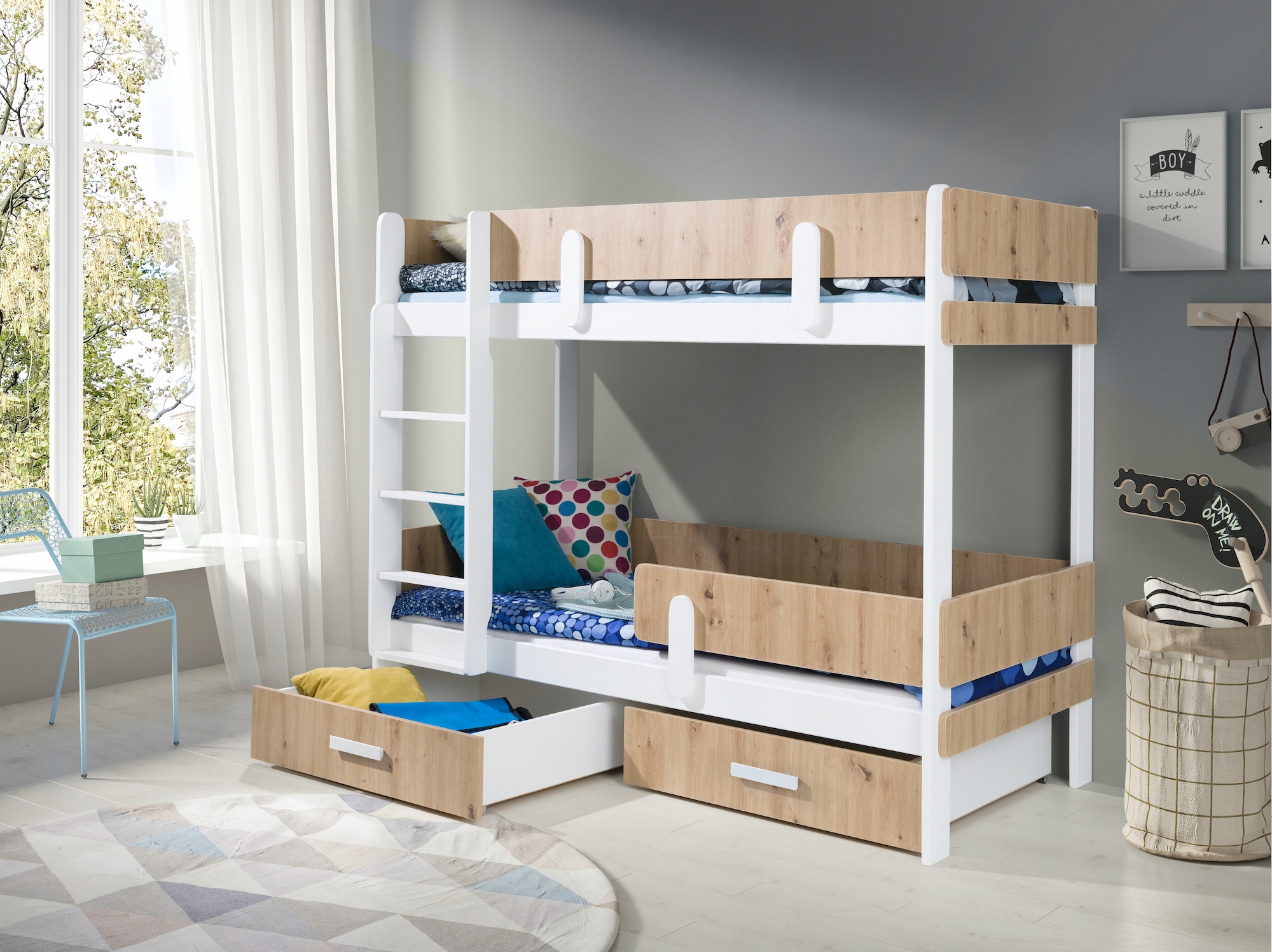 Łóżko 2 180X80 osobowe piętrowe z szufladami i drabinką barierki ochronne