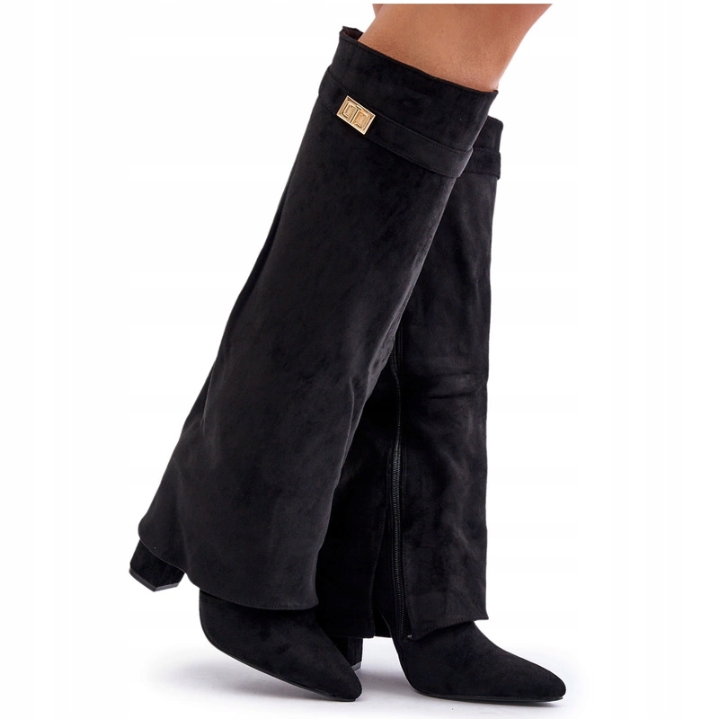 Kozačky Z Eko Semiše Na Podpatku Špičky Do Špičky, Vyhrnutý Svršek Černý 36