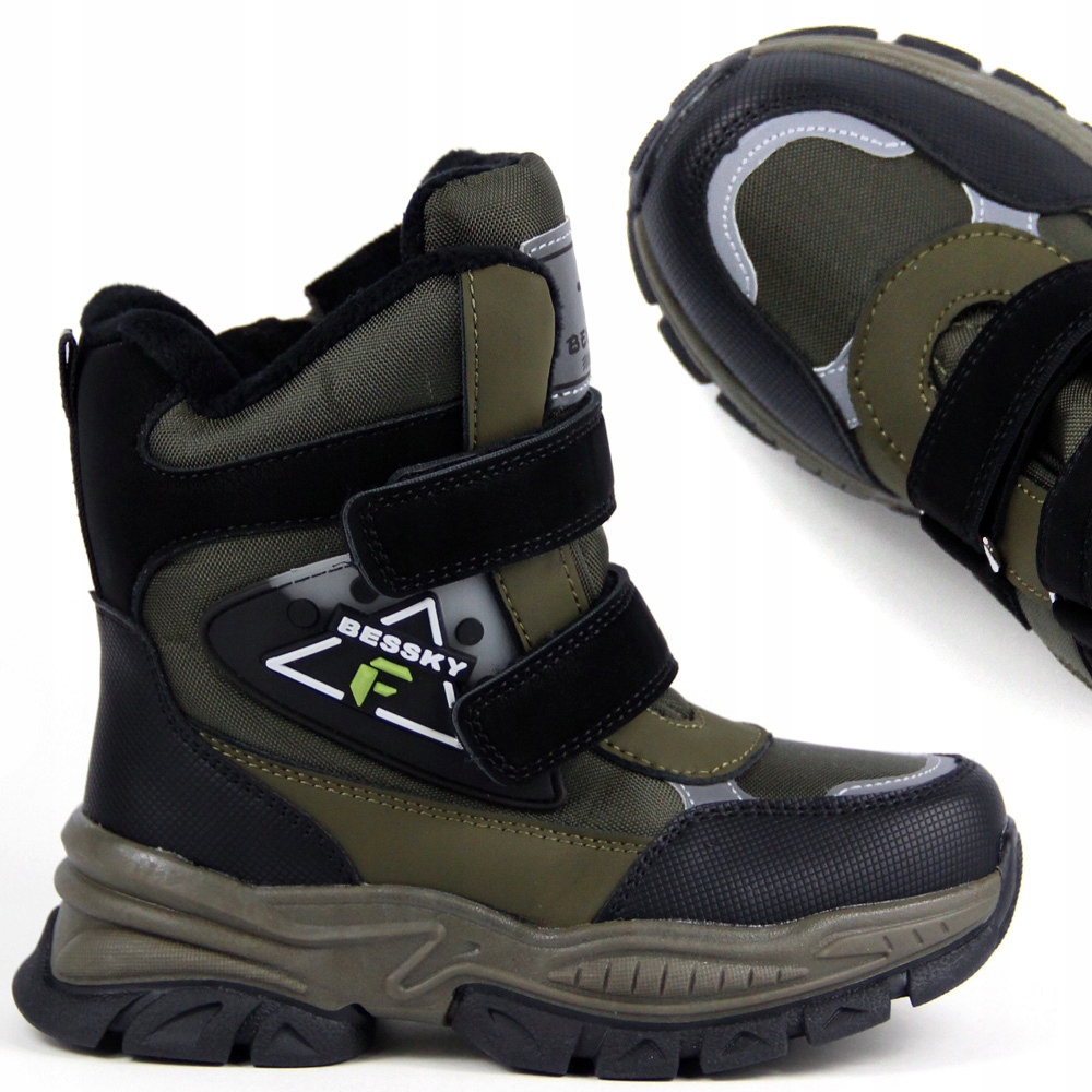 ŚNIEGOWCE CHŁOPIĘCE BUTY OCIEPLANE ZIMOWE WEŁNA FUTERKO RZEPY OLIWKOWE 34
