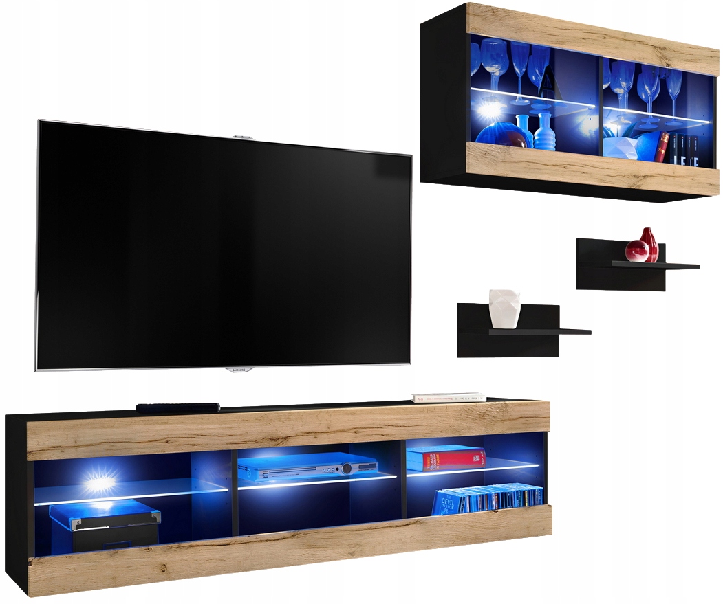Sada nábytku Rtv Tivoli SET3 čierna/dub wotan, modré Led diódy