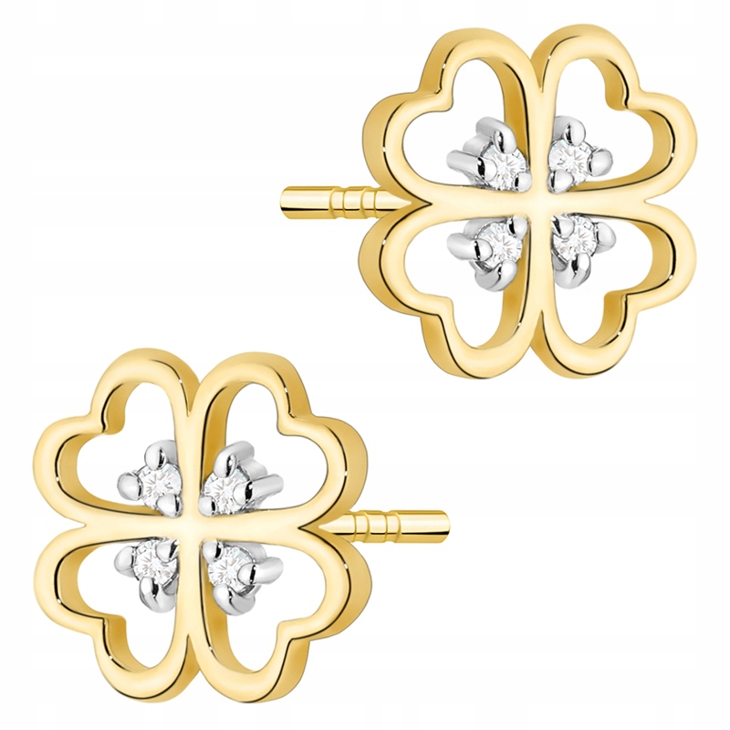 Krásné Zlaté Náušnice Čtyřlístek s Brilianty 0,04