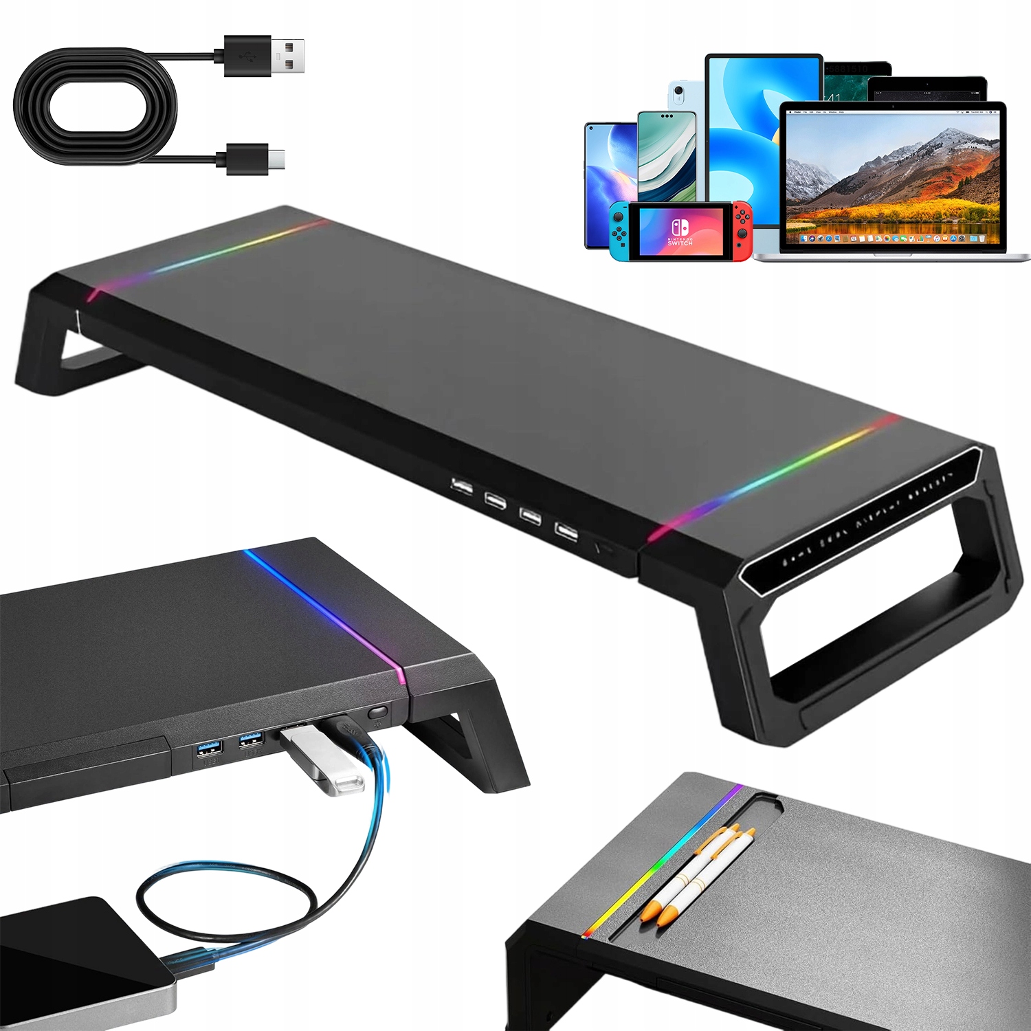 Podstavec Pod Monitor Se Zásuvkou Nastavitelná Výška Černý Na Psací Stůl