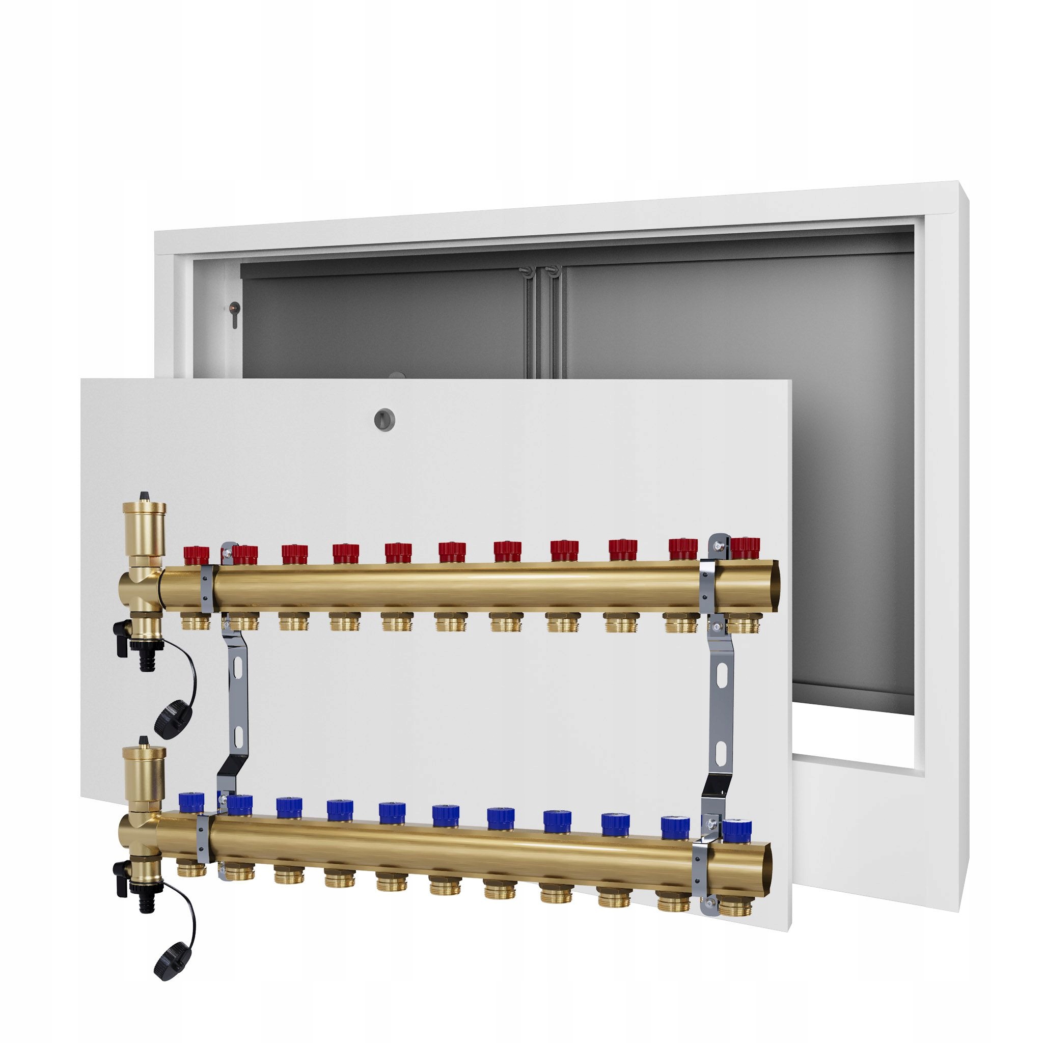 Manuální rozdělovač 11 okruhů pro radiátorové vytápění nástěnná skříňka