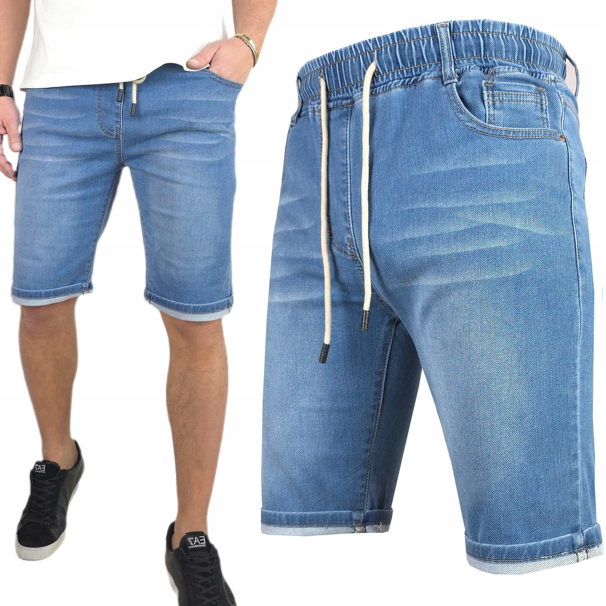 Spodenki męskie Jeansowe Krótkie spodnie rozciągliwe Pas z Gumką L