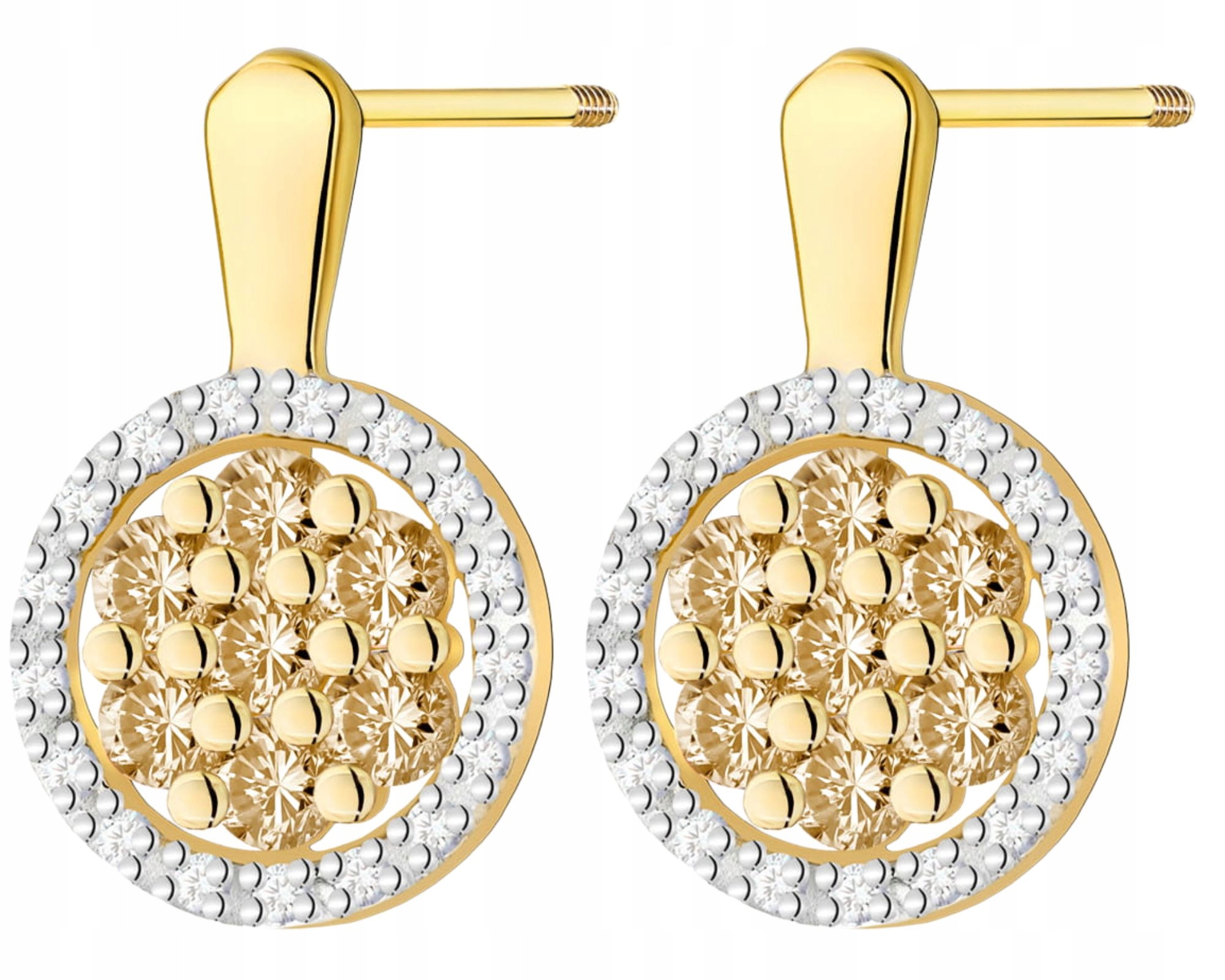 Zlaté Náušnice S Hnědými Brilianty Zavěšené Na Šroubovací Tyči 585