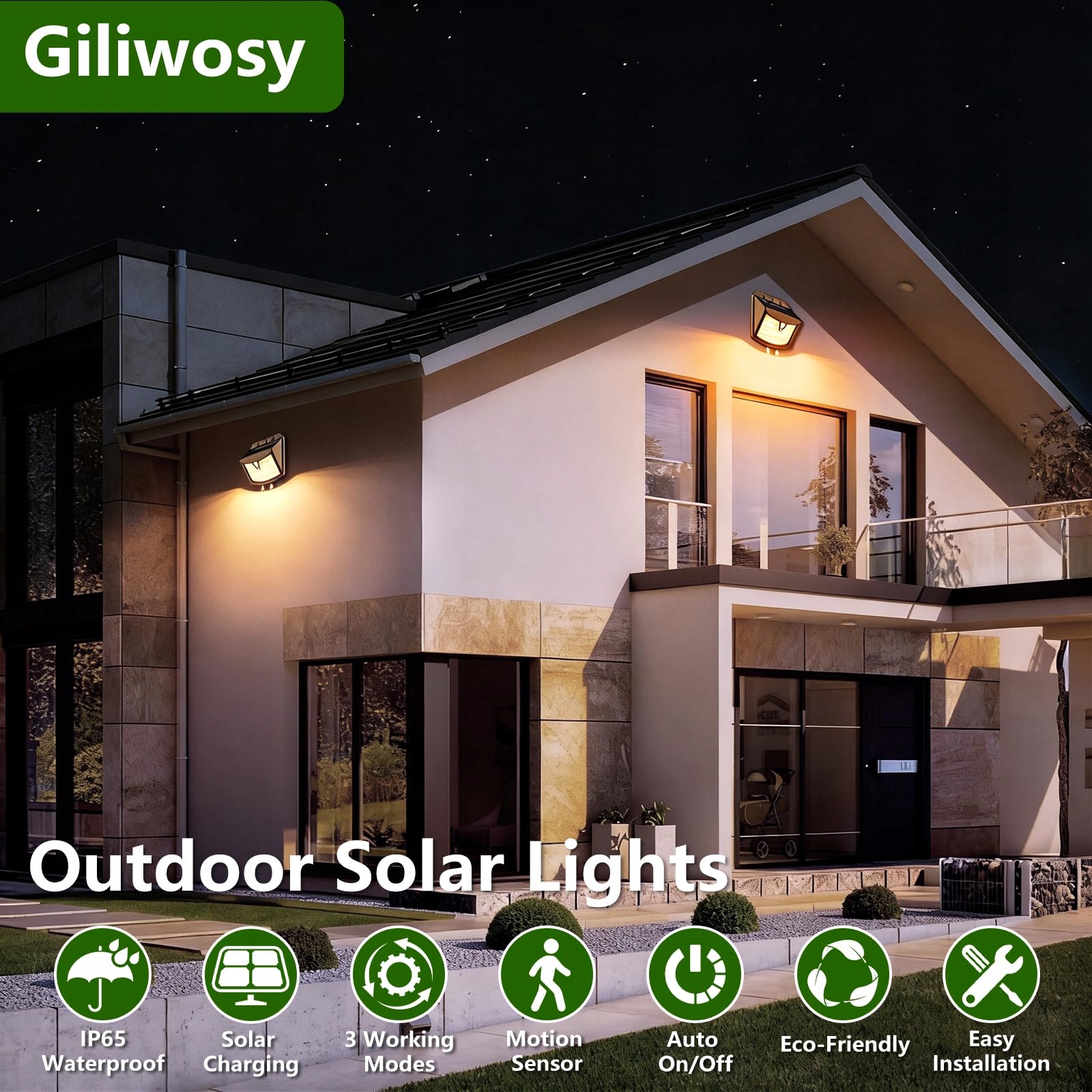 Lampa Solarna Zewnętrzna Z Czujnikiem Ruchu 2 Szt Ciepła IP65 GILIWOSY — miniatura 2