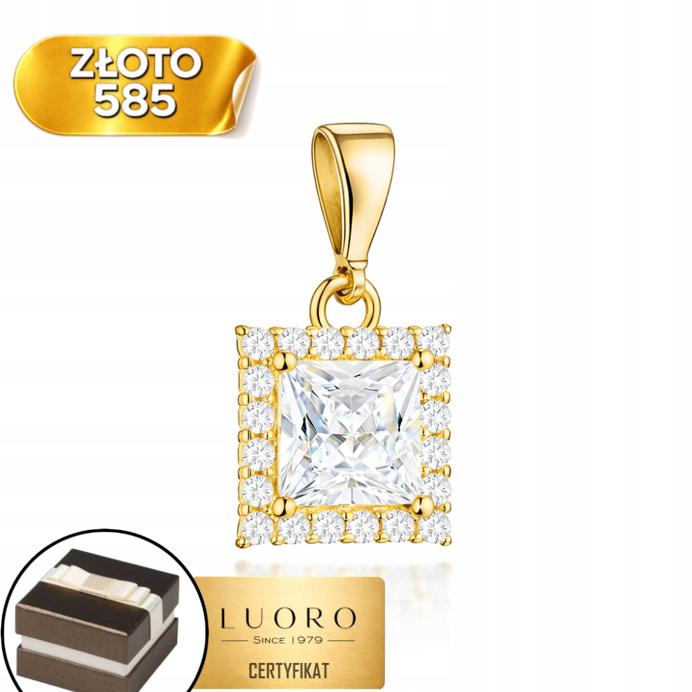 Zlatý Přívěsek 585 14K Čtverec Se Zirkony 15 MM Elegantní Klasika