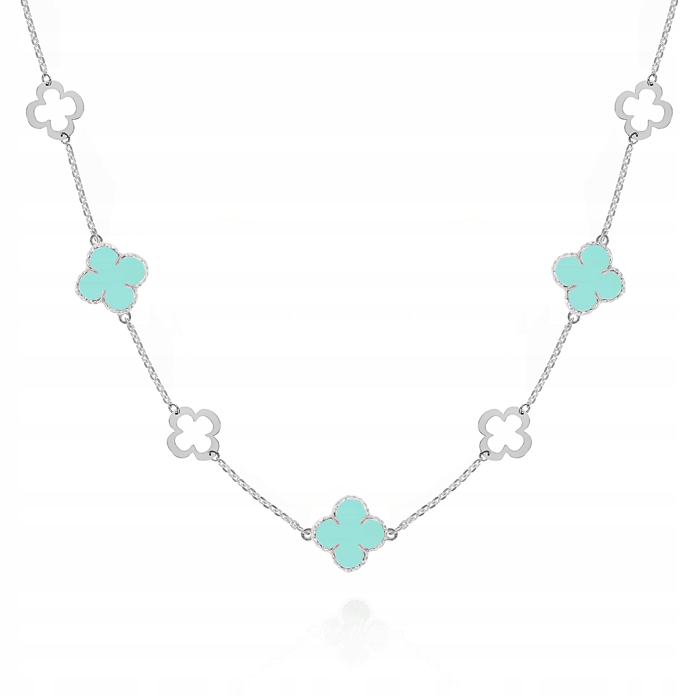 Stříbrný náhrdelník choker čtyřlístky zelený tyrkys Ag.925 45 cm