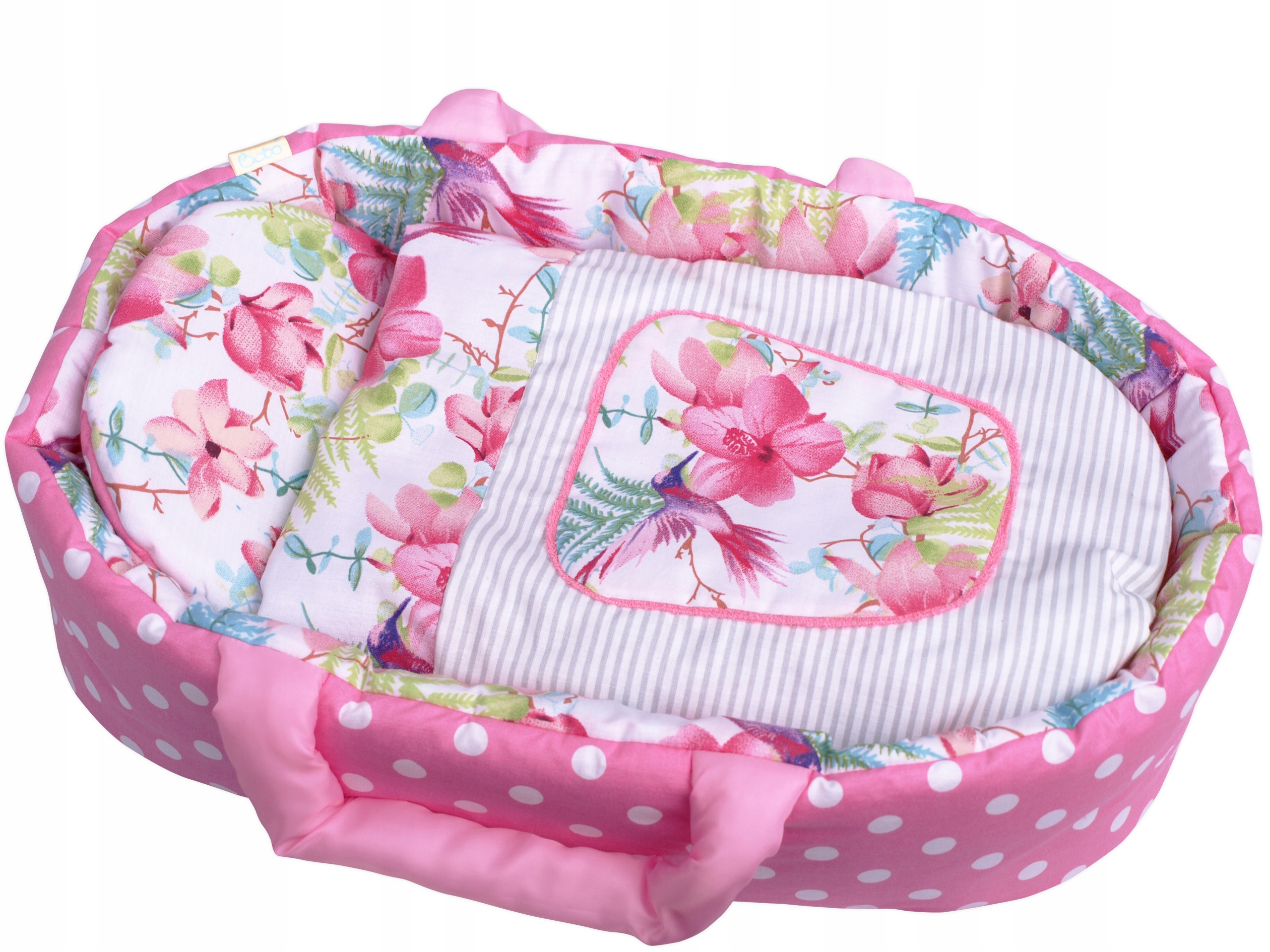 Nosidełko BOBO z pościelą dla lalki RÓŻOWE KWIATY