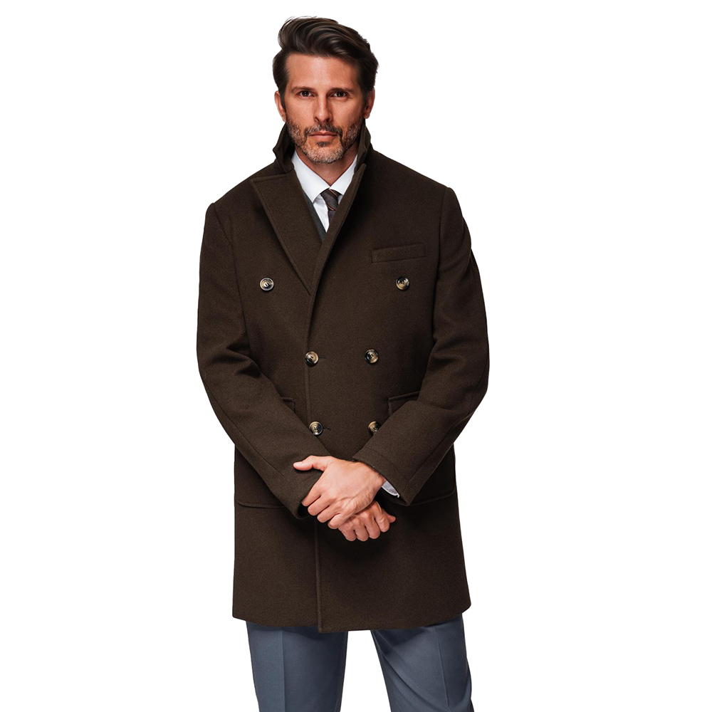 Dvouřadý pánský kabát s knoflíky tmavě hnědý V3 OM-COWC-0137 vel. XXL