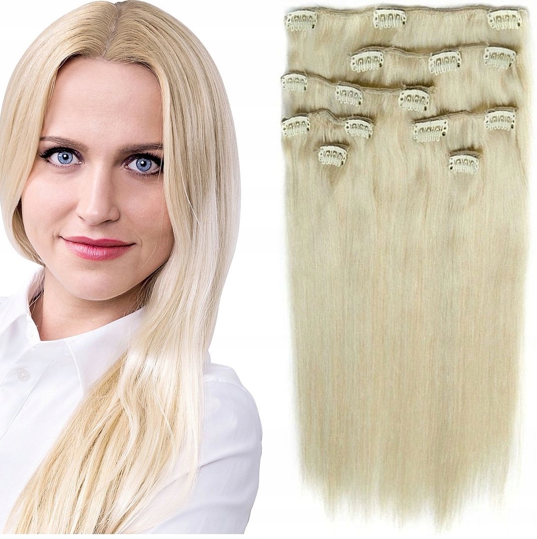 Příčesek Do Vlasů 40 CM 115 G Clip-in Sada 8 Pásků velmi světlá blond 613