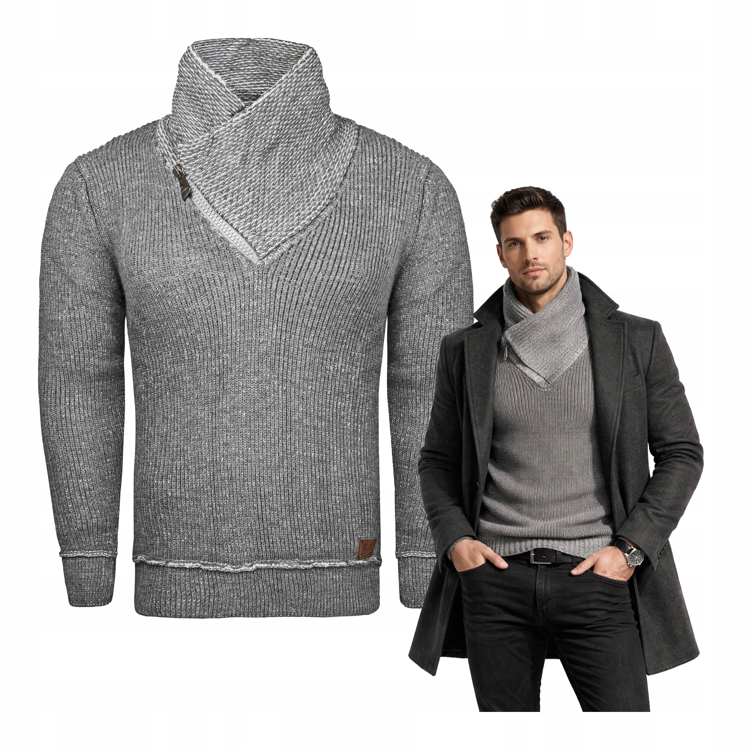 Pánský vlněný svetr s vysokým límcem a grafit teplým, tlustým límcem, velikost XL