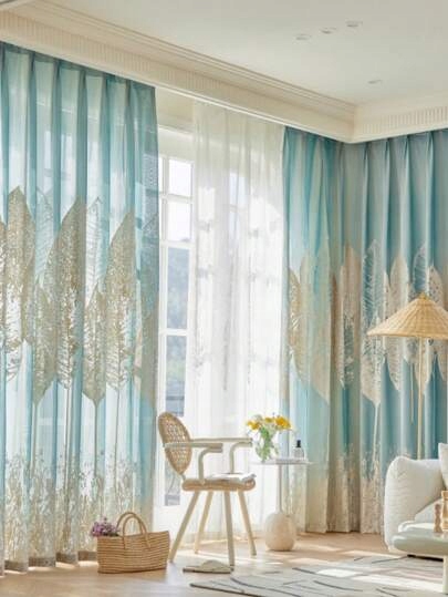 Shein 2 Kusy Zdobených Modrých Závěsů 200x260 1ED