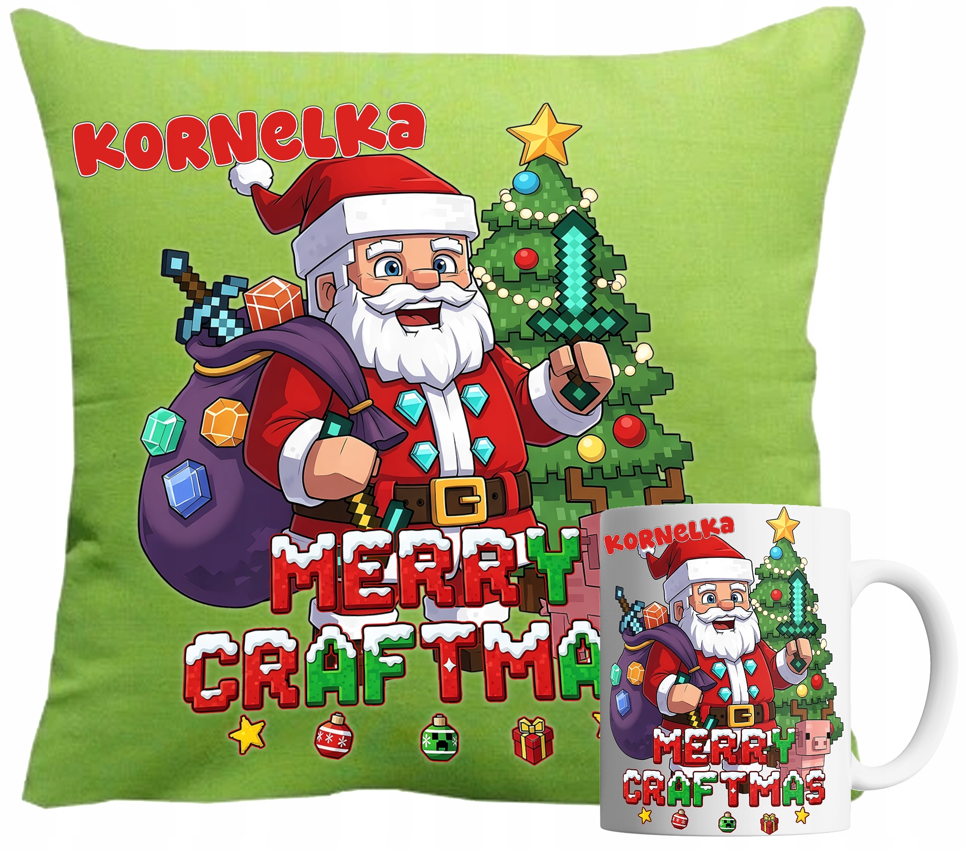Set Hrnek A Polštář Zelený Pixely Vánoční Vánoce Jméno
