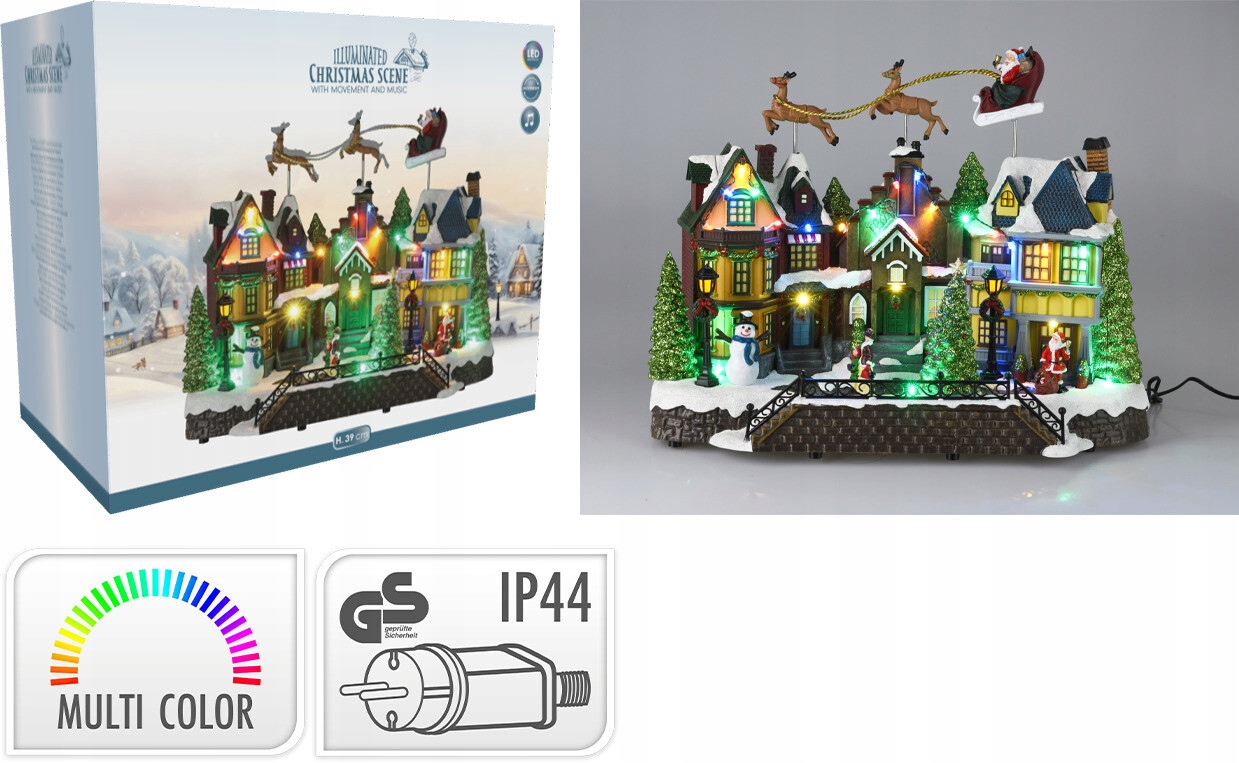 Pohyblivá vianočná scéna s lietajúcimi saňami 39×20×33 cm Led hudba