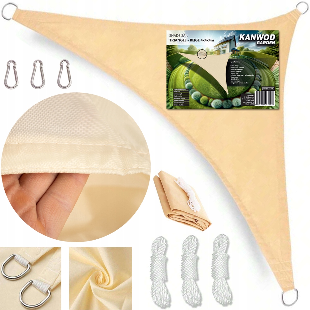 Żagiel Przeciwsłoneczny Ogrodowy Wodoodporny 4x4 m Trójkąt Beżowy Mocny