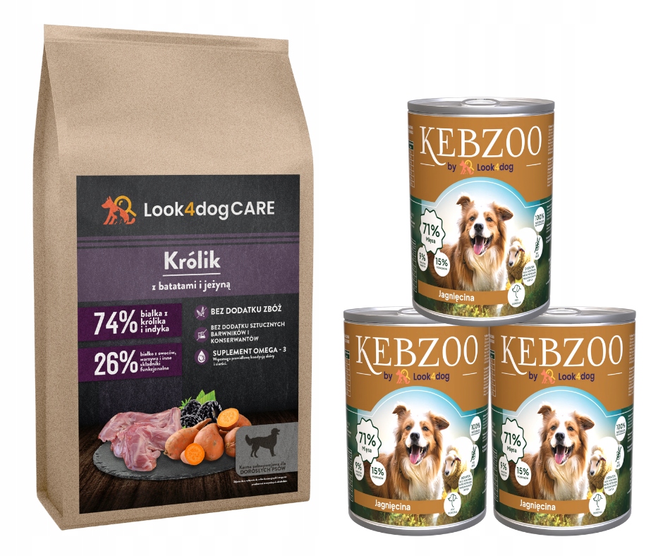 Levně Krmivo pro psa Look4dog Care Králík 6kg Kebzoo Jehněčí 86% 3x400g