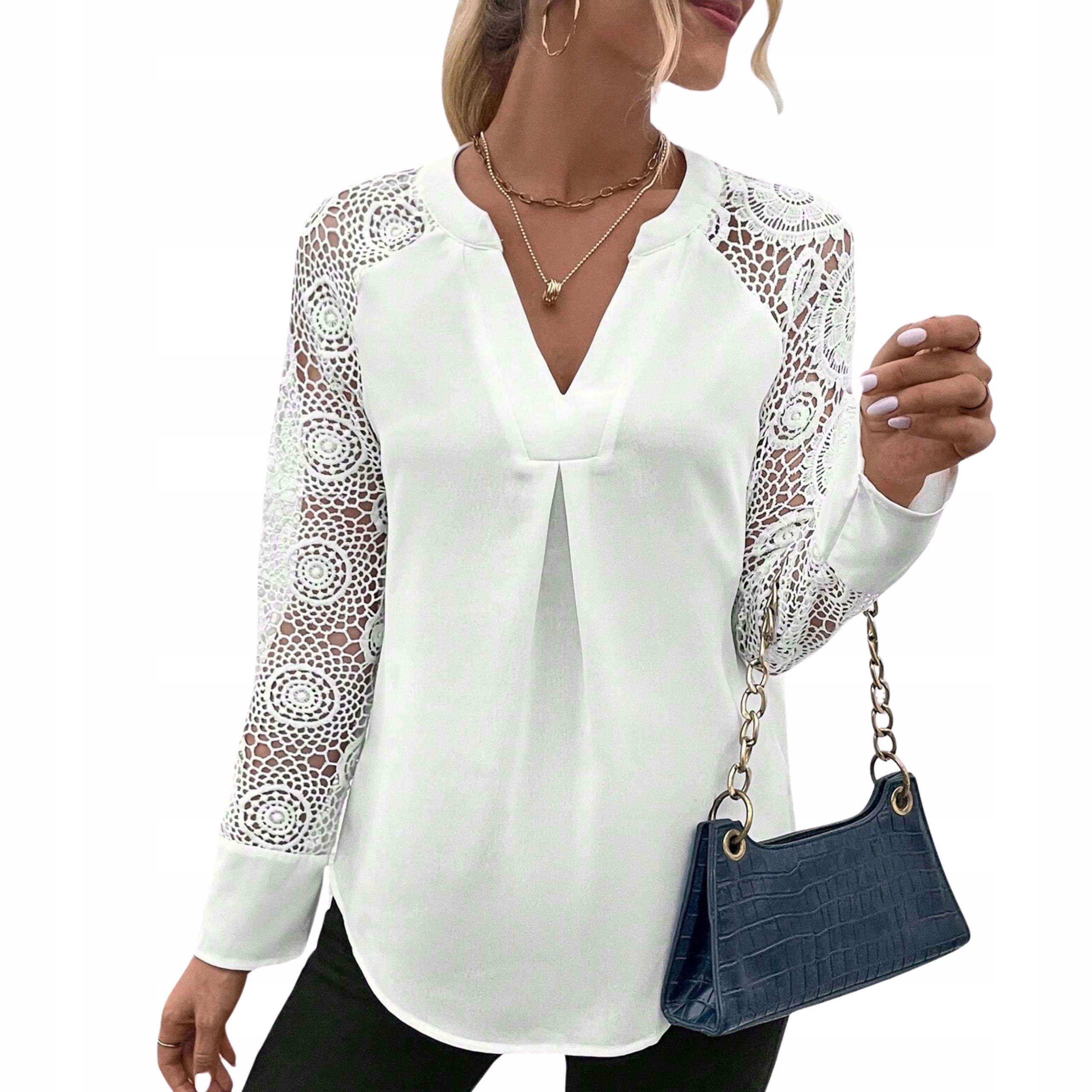 Bluzka damska biznesowa biała koronkowa dekolt w szpic do pracy