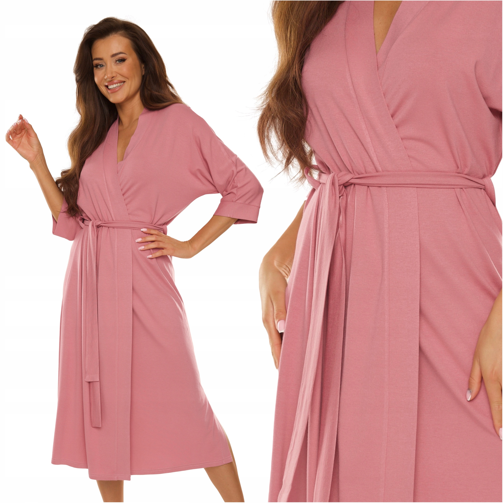 Cienki szlafrok damski długi De Lafense Visa 942 brudny róż M 38