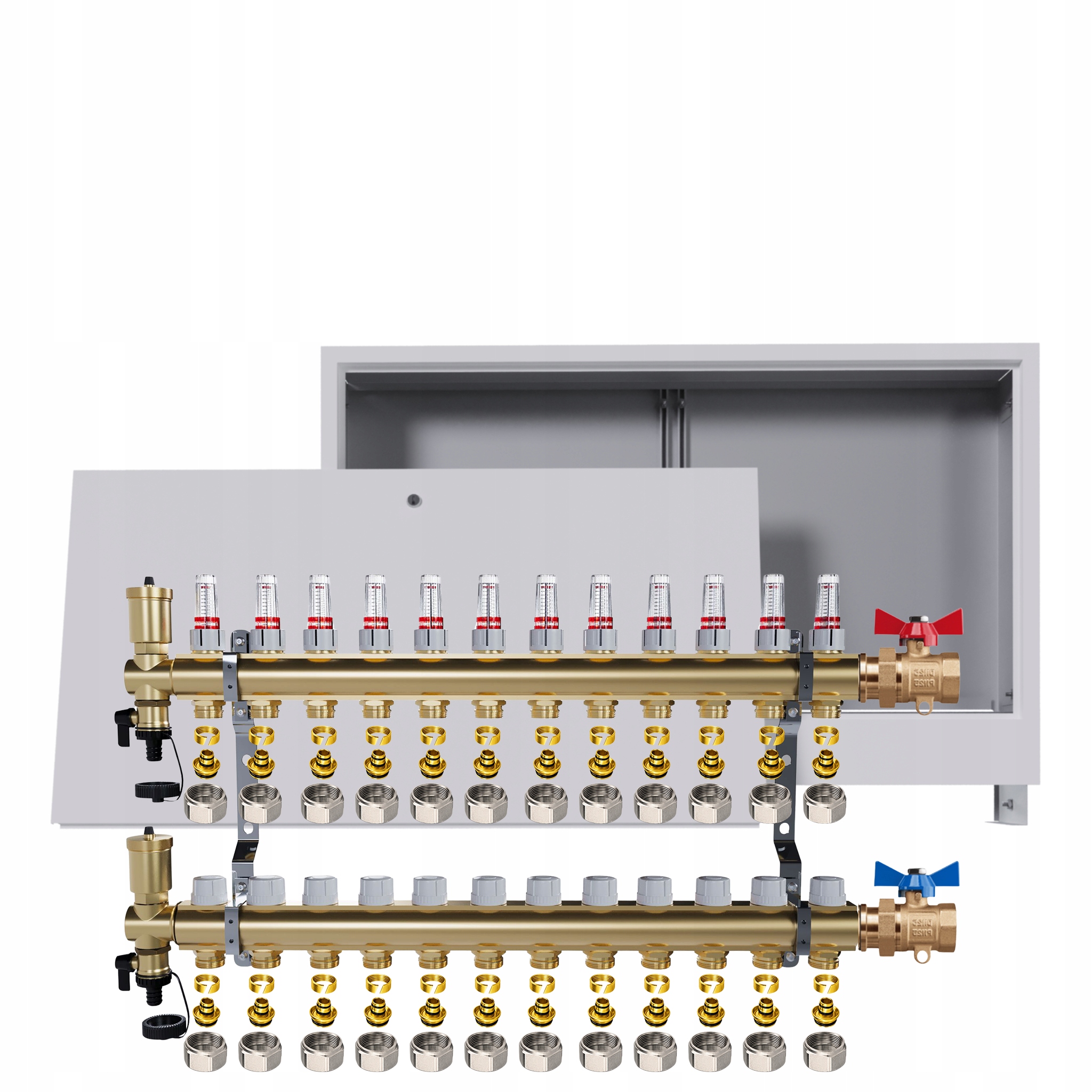 Rozdělovač podlahových krytin mosazný 12 okruhů podomítková skříň ventily Pex