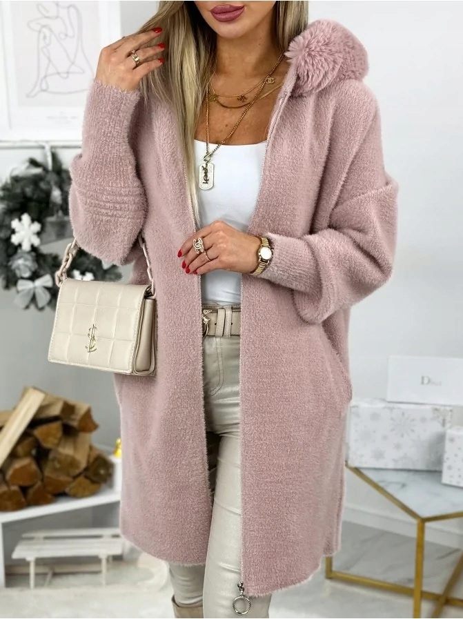 ALPAKA PŁASZCZ DAMSKI JESIENNY DŁUGI KAPTUR ZAMEK WEŁNA FUTERKO PUDROWY RÓŻ Marka bez marki
