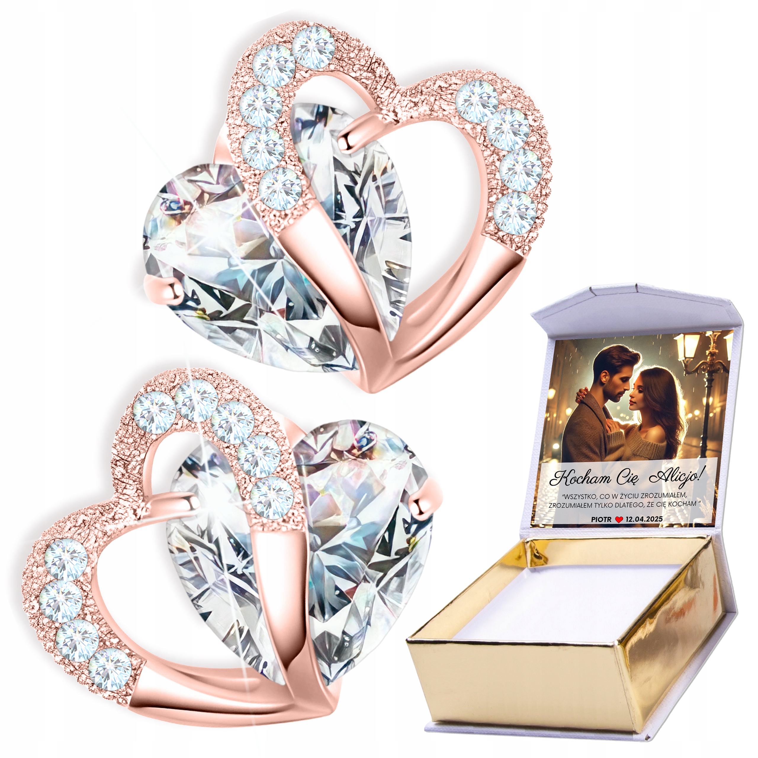 Náušnice Pozlacené 925 Bílé Křišťálové Lesklé Dvojité Srdíčka Potisk