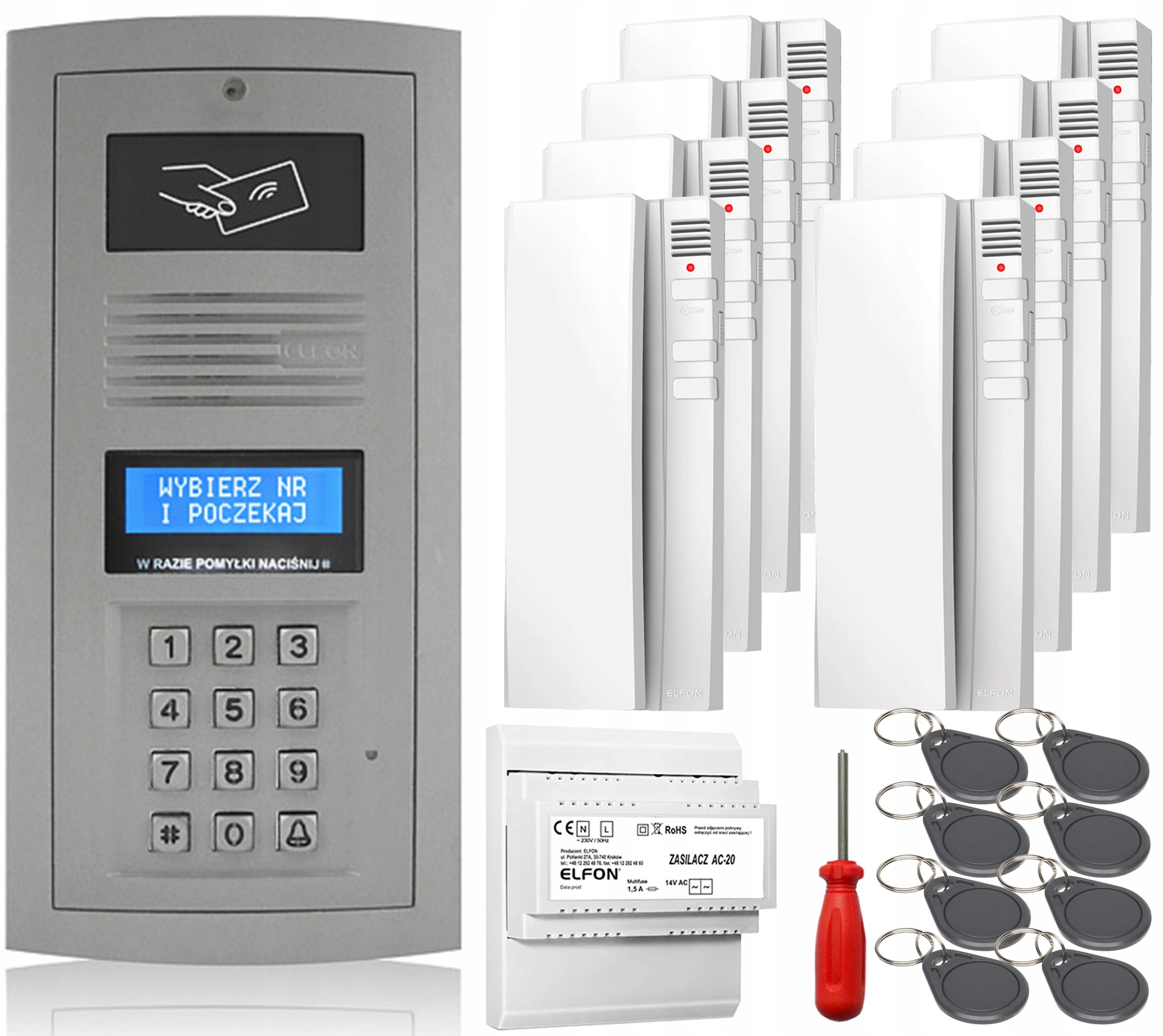 Domofon Sada 8x Slúchadlá Elfon OP-255R-P Digitálny Nástenný Biely Kľúčenka