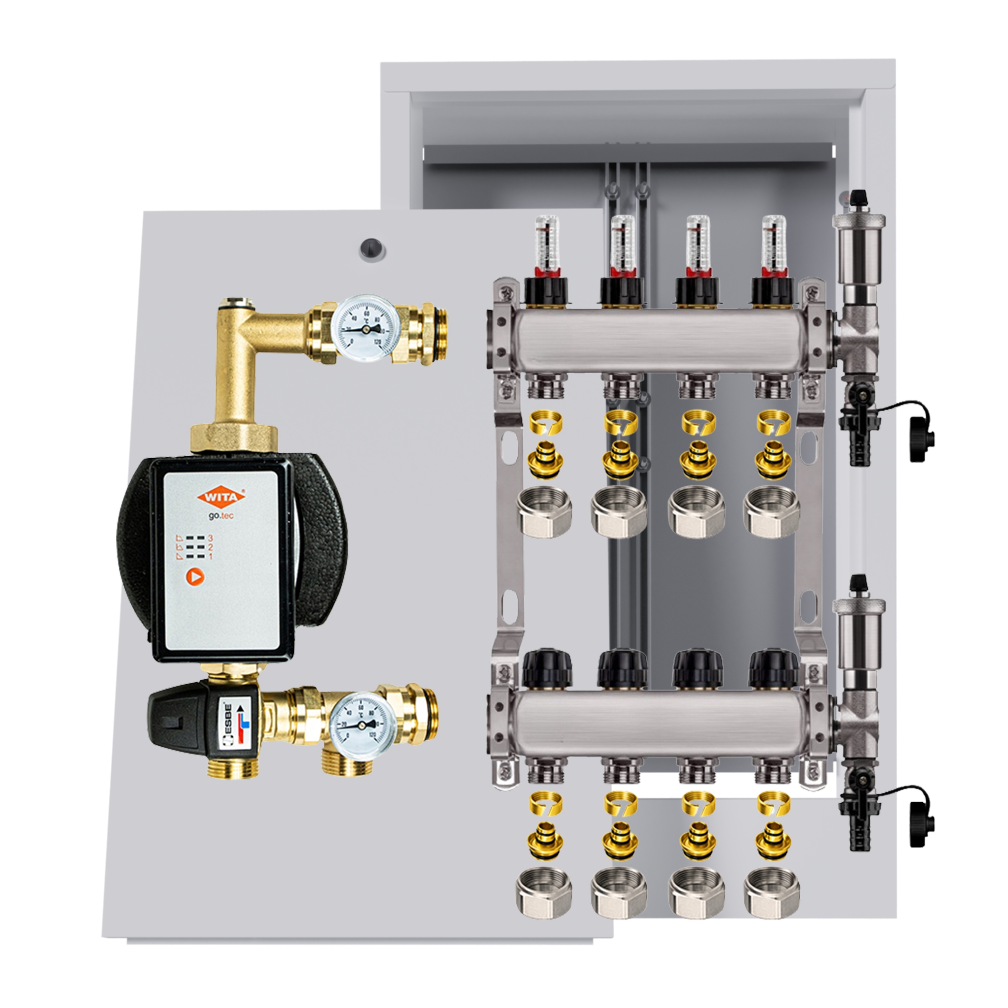 Nerezový rozdělovač na podlahu 4 okruhy s čerpadlem Wita box +pex