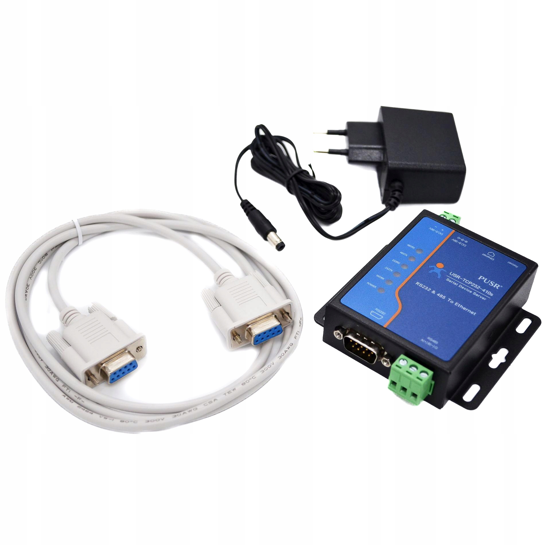 Konwerter RS232 RS485 na Ethernet USR-410s, zasilacz, kabel RS232