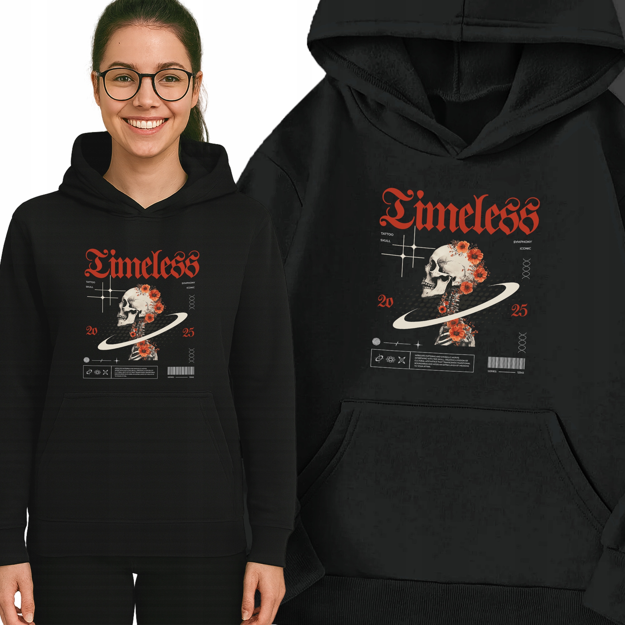 Mikina Černá Timeless S Kapucí Teplá Módní vzor Dárek Velikost M