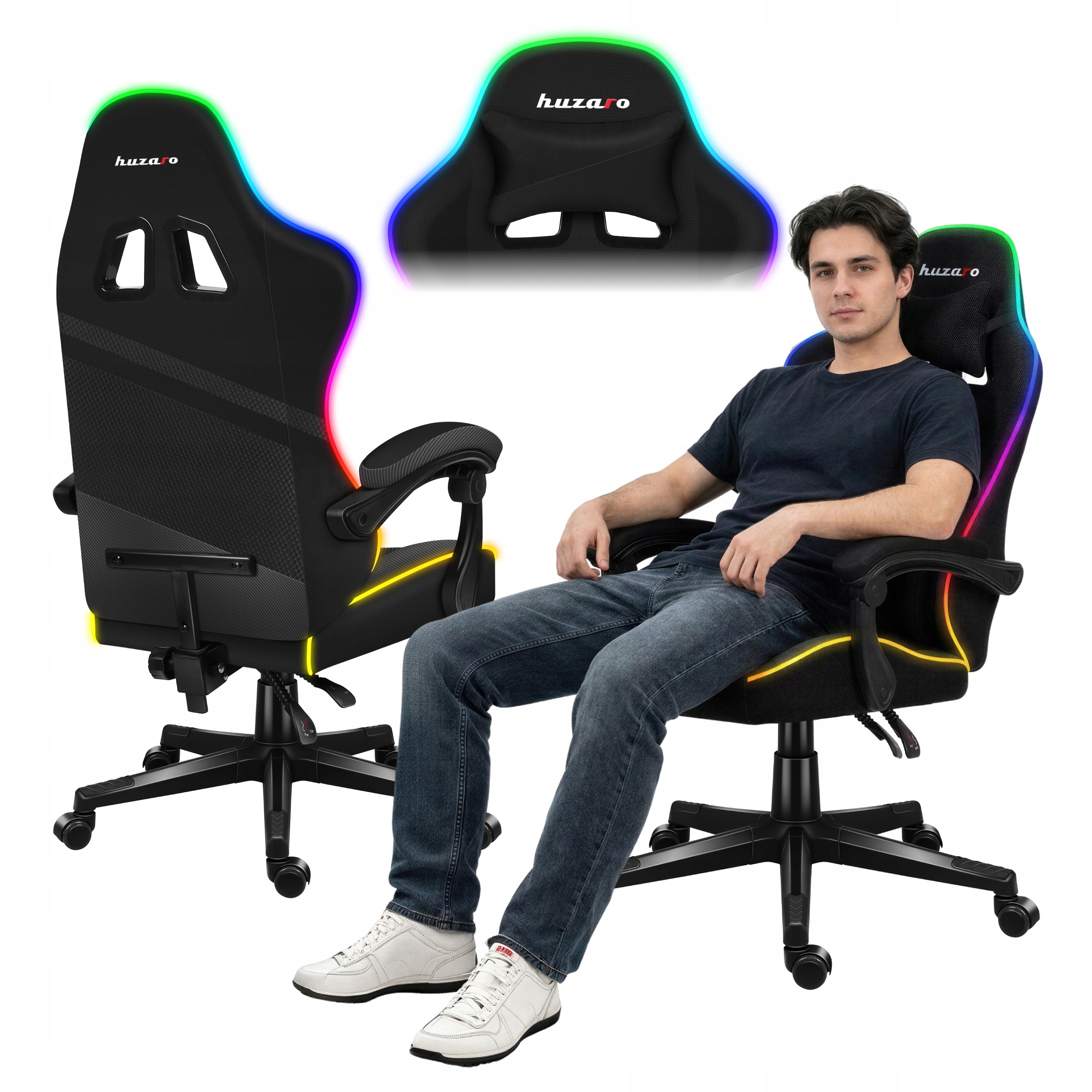 Fotel gamingowy kubełkowy Huzaro czarny Rgb Led obrotowy ergonomiczny