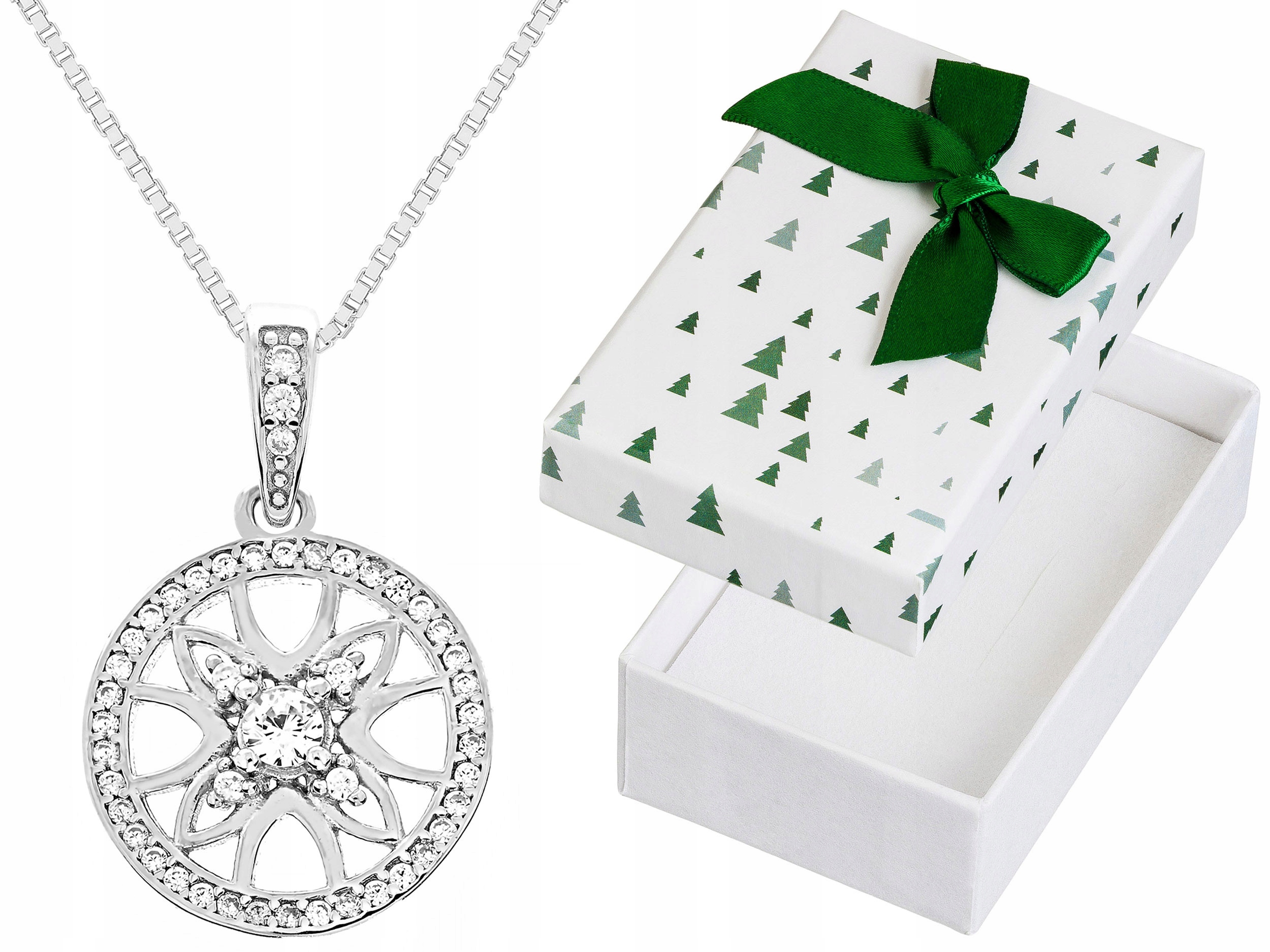 Dlouhý Stříbrný Ažurový Kulatý Náhrdelník Rozeta se Zirkony Kolo Stříbro 65