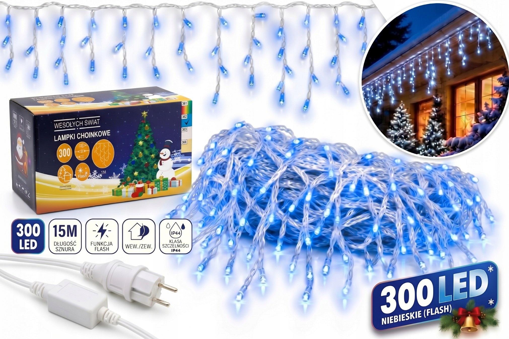 Vánoční Osvětlení Rampouchy Venkovní 300 Led 15 M Modré Flash Kombinované