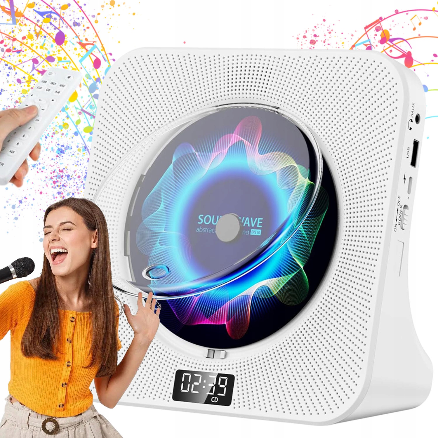Přenosný CD Přehrávač Reproduktor Bluetooth 5.0 MP3 Usb/aux Bílý S Dálkovým Ovládáním