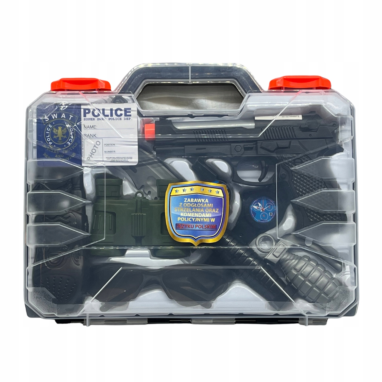 PISTOLET POLICYJNY DLA DZIECI ZESTAW MAŁEGO POLICJANTA Z POLSKIMI KOMENDAMI Materiał plastik