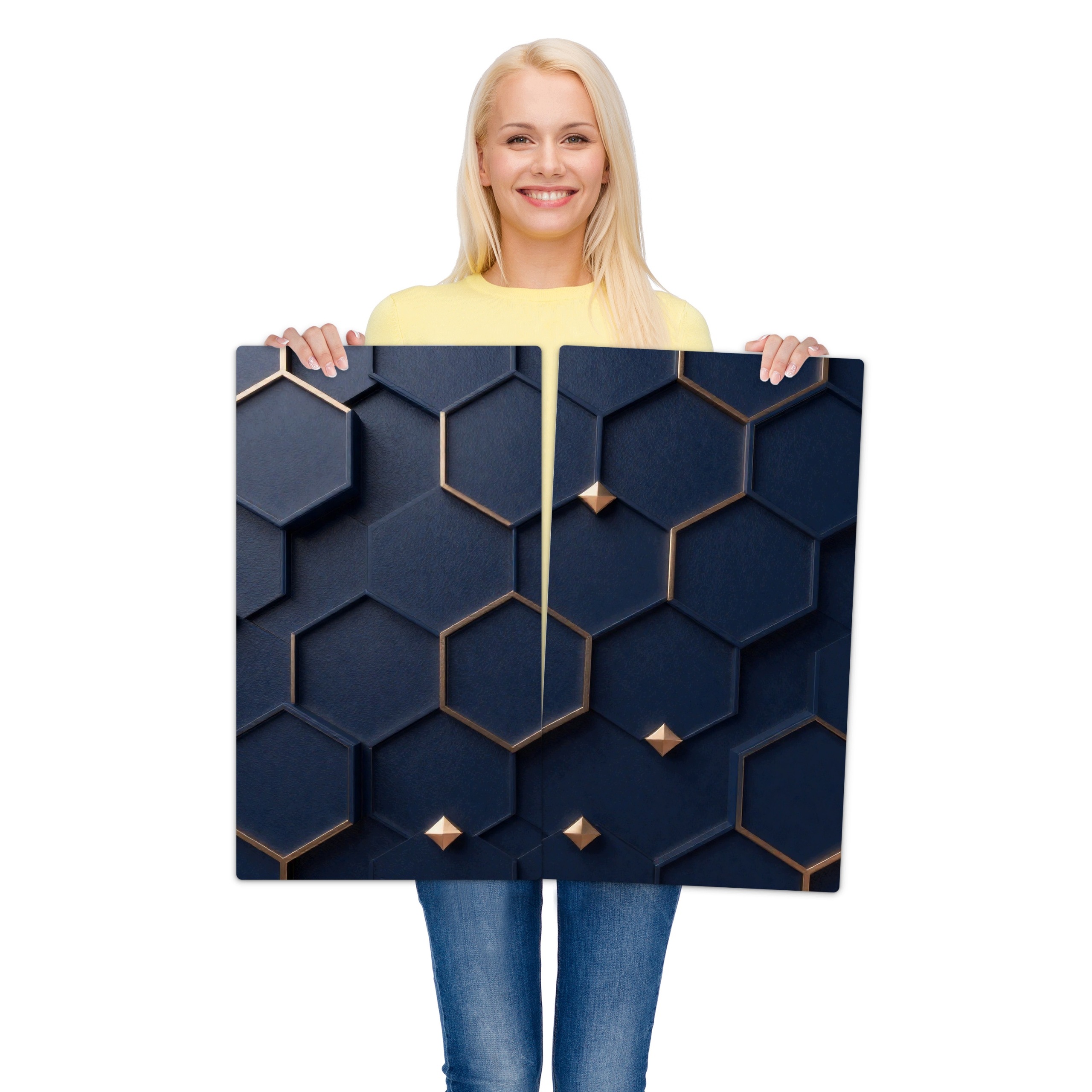 Skleněná ochranná deska na stěnu Tmavě modré hexagony 2x30x52 cm (sada 2 ks)