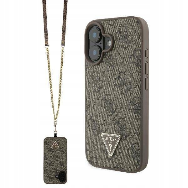 Pouzdro Guess Leather Metal Logo Strass Crossbody pro iPhone 16 Hnědé