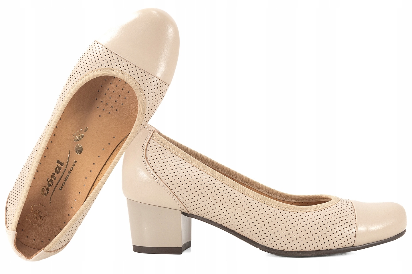 Góral 1221 Ažurové Dámské Kožené Polobotky Na Podpatku Béžová 35